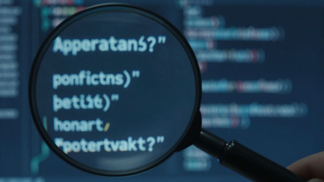 Magnifying glass over computer code detecting AI content.