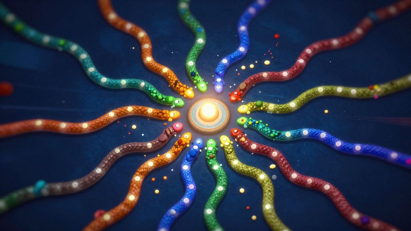 Colourful snakes weaving across an arena