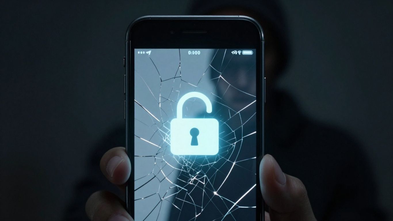 Cracked iPhone screen with shadowy figure and lock icon.