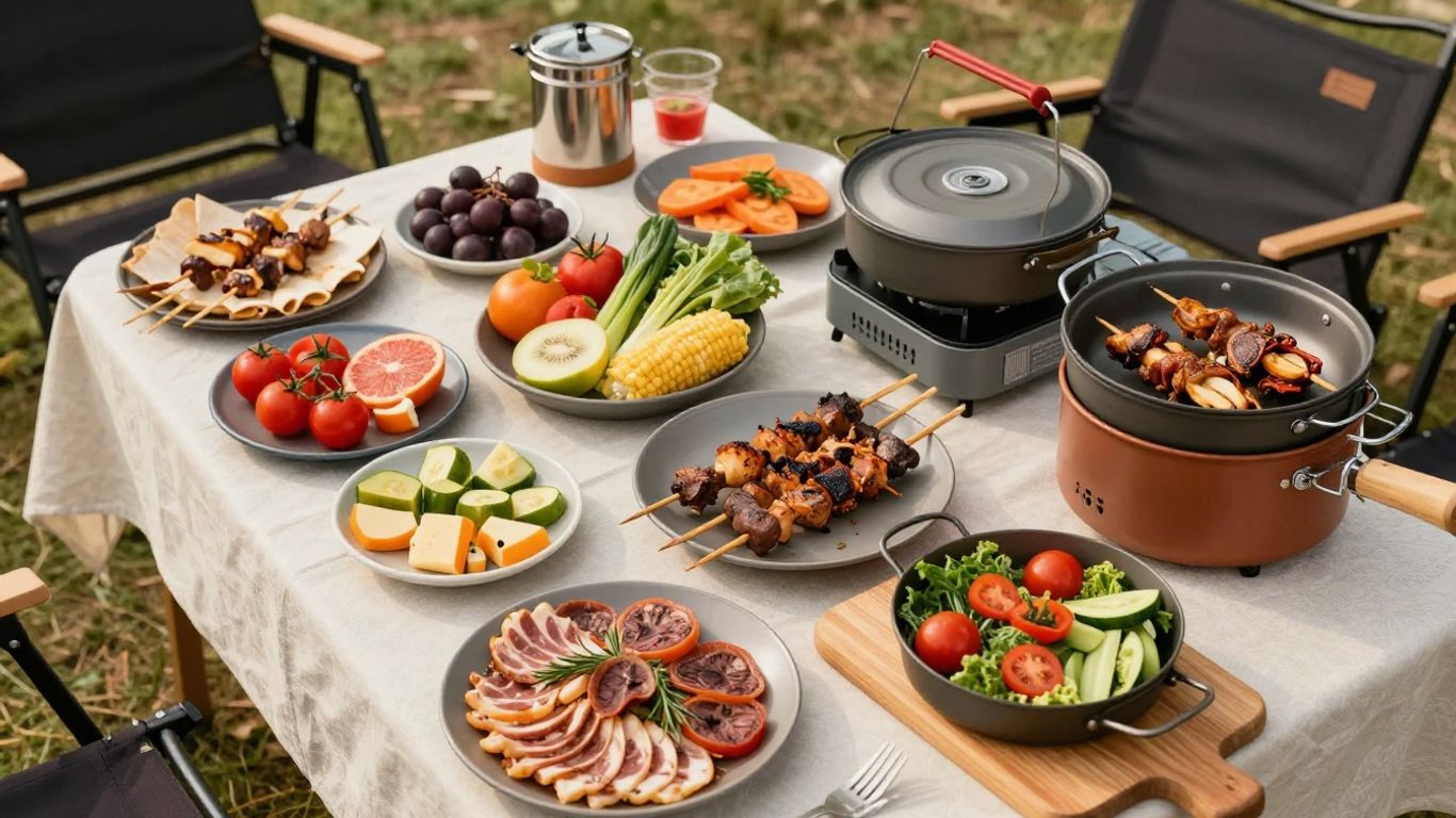 Easy camping food spread on a picnic table.