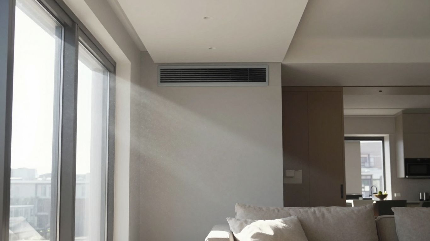 Unité de ventilation double flux thermodynamique dans un intérieur moderne.