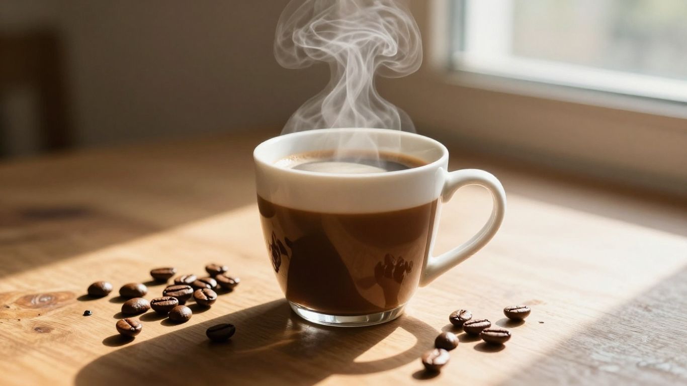 Coffee mug with coffee beans, sunlight.
