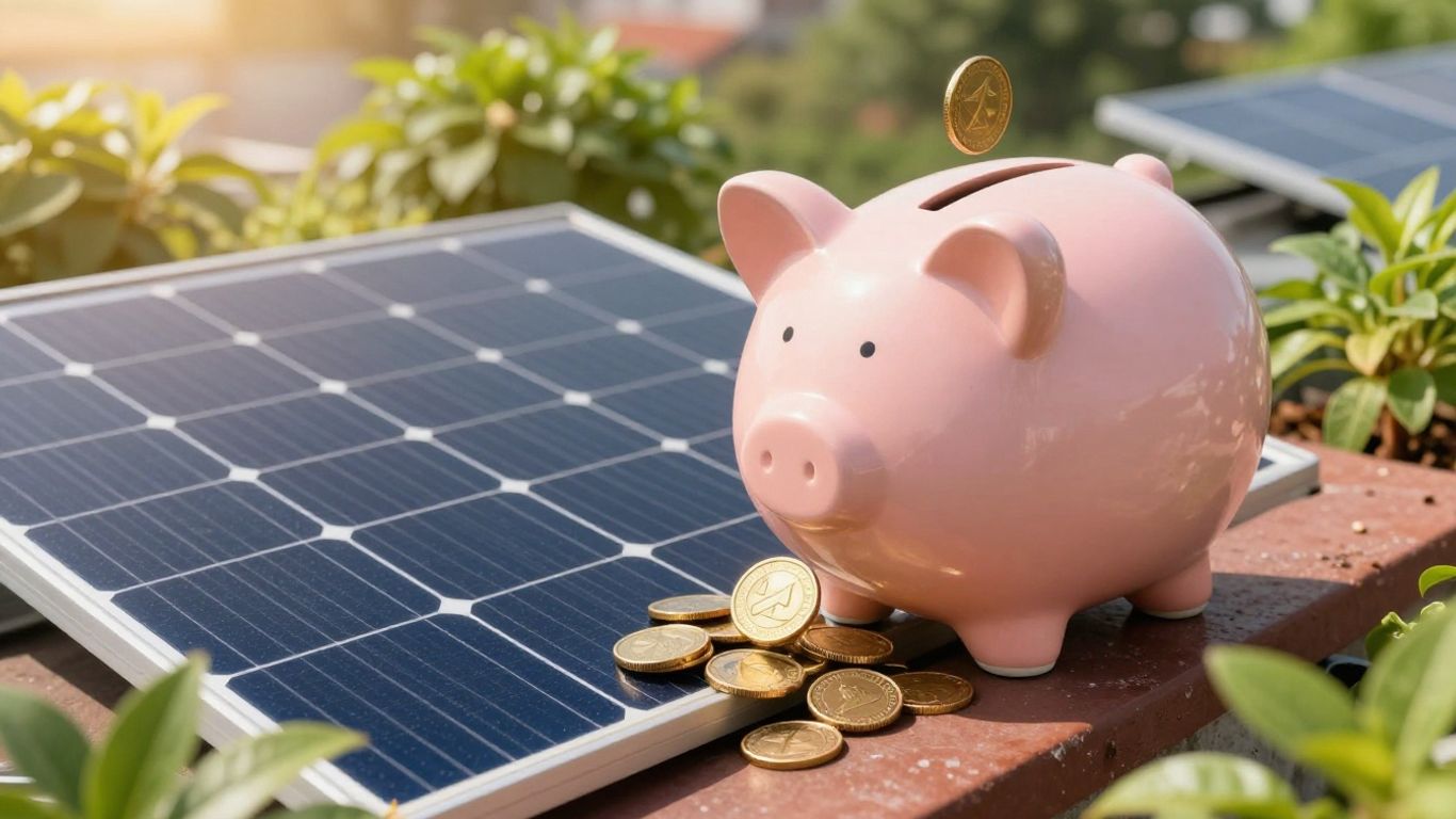 Solaranlage auf einem Dach mit Münzen und Pflanzen.
