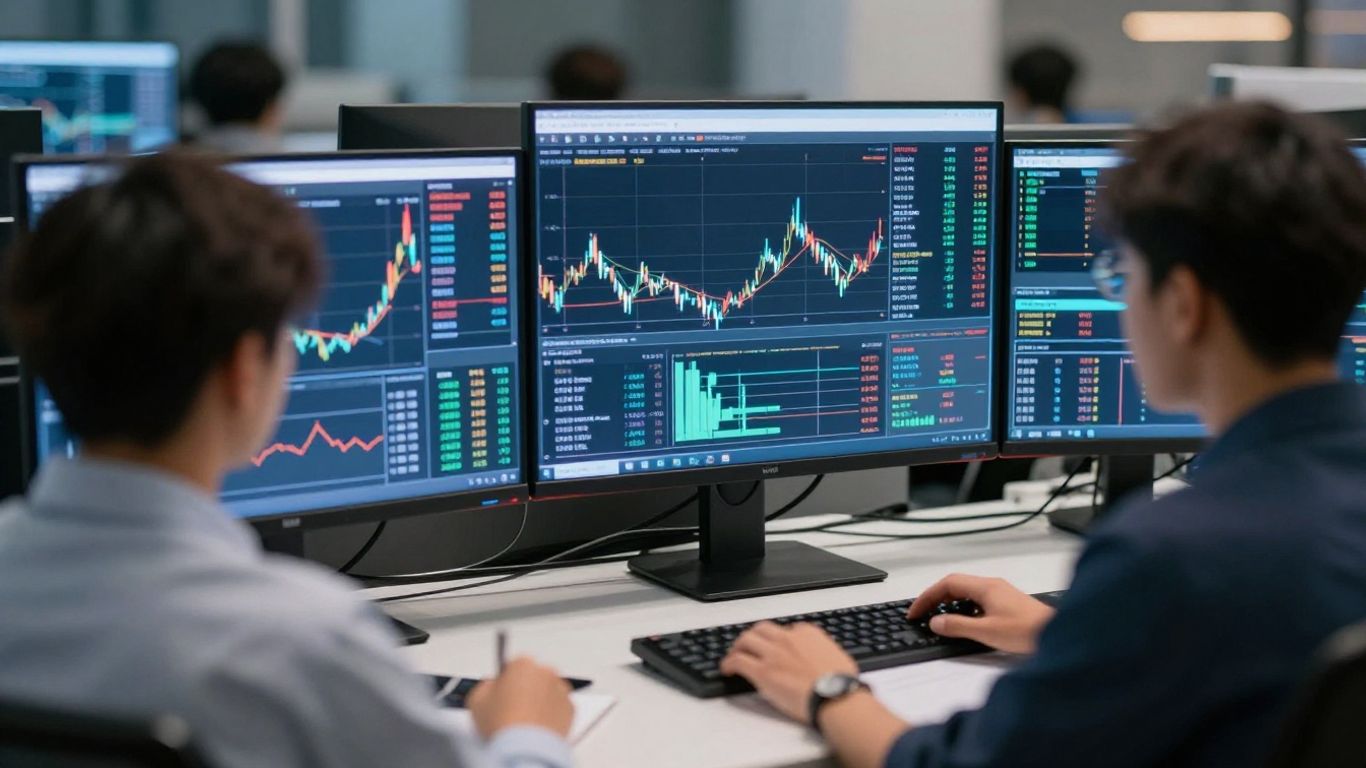 TradeStation trading platform interface on multiple monitors.