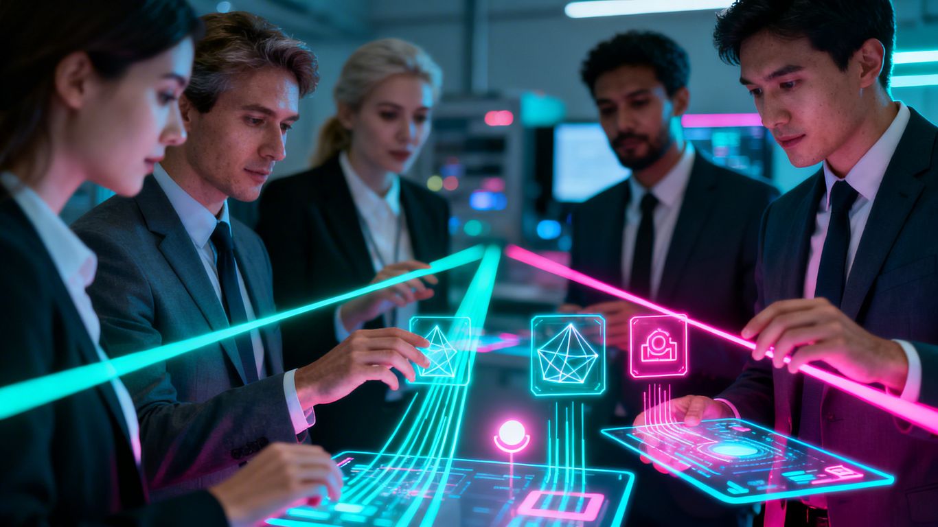 Professionals interacting with futuristic digital interfaces.