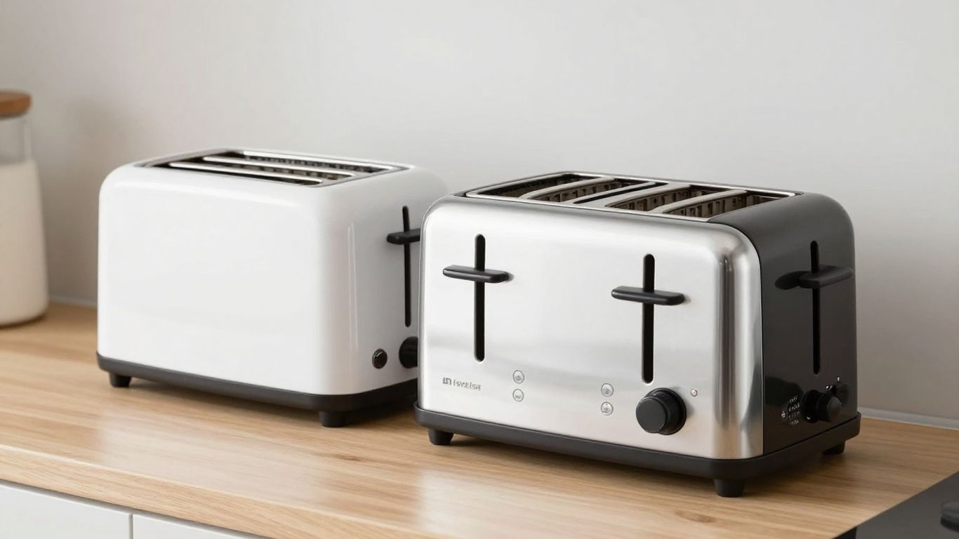 Various toasters and a toaster oven on a kitchen counter.