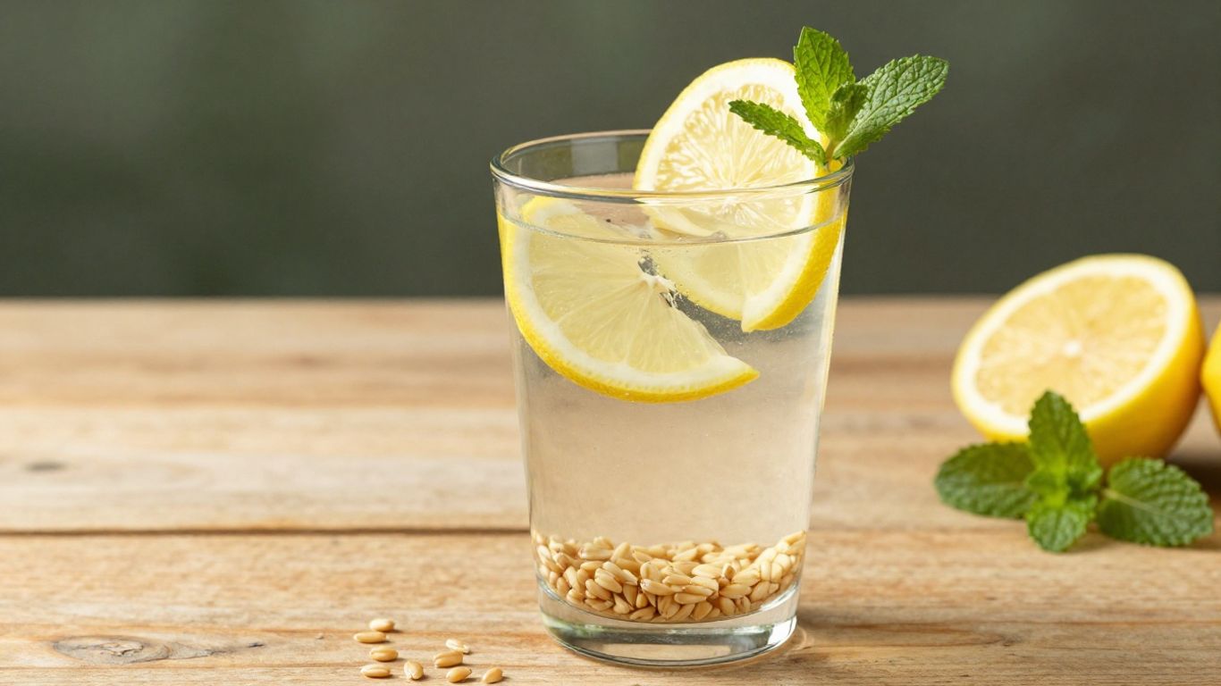 Glass of barley water with lemon and mint