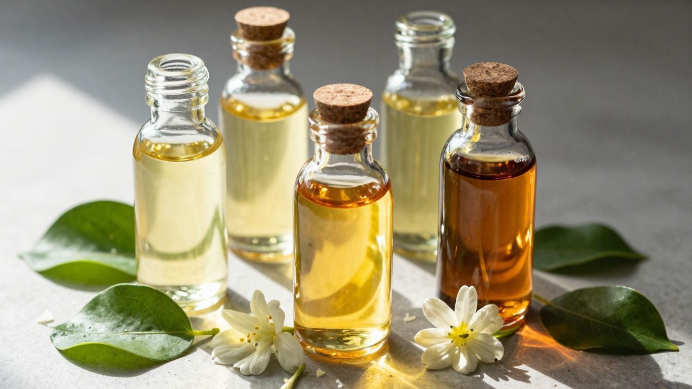 Bottles of pure essential oils with leaves and petals.