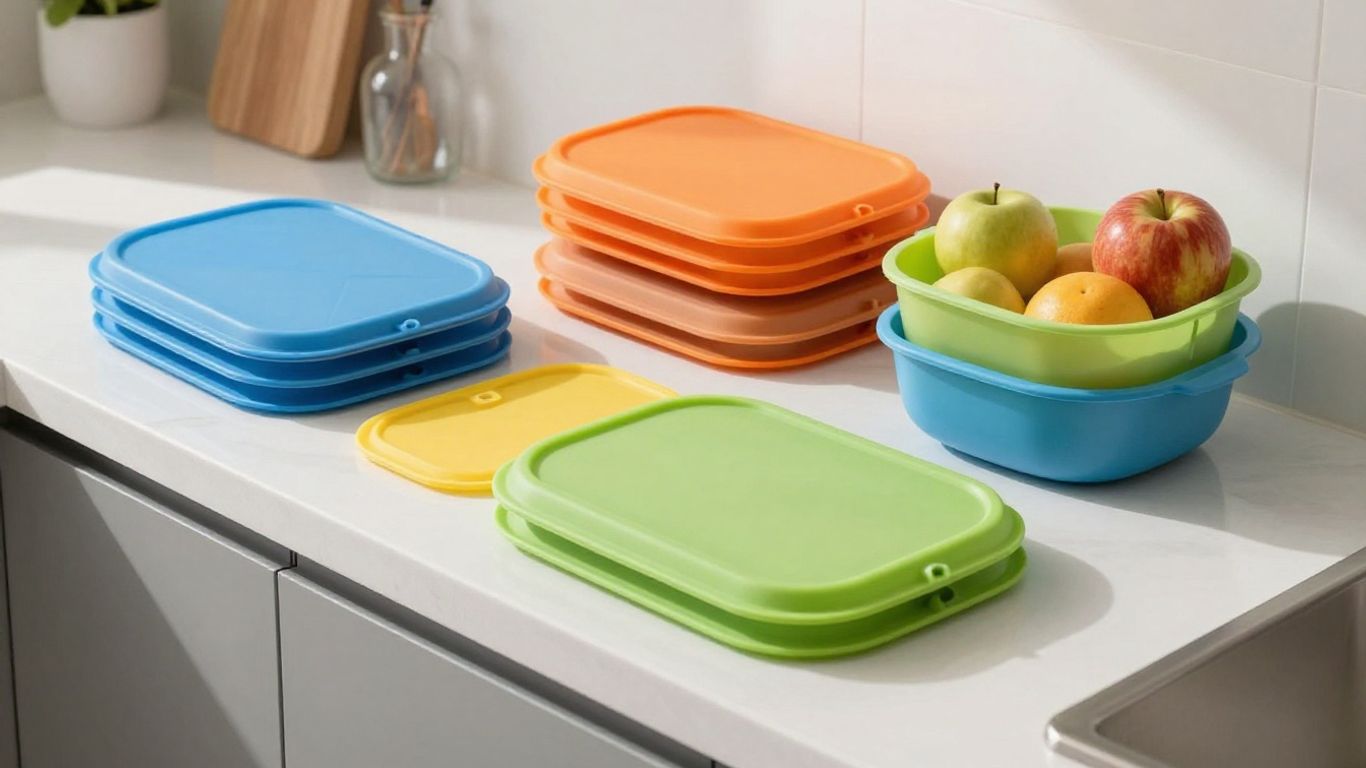 Colorful silicone food covers on a kitchen counter.