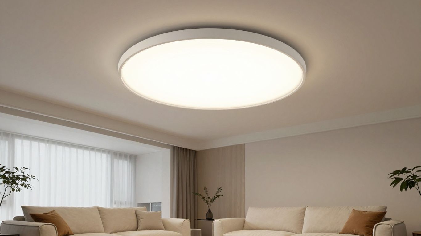 Modern living room with a circular flush mount ceiling light.