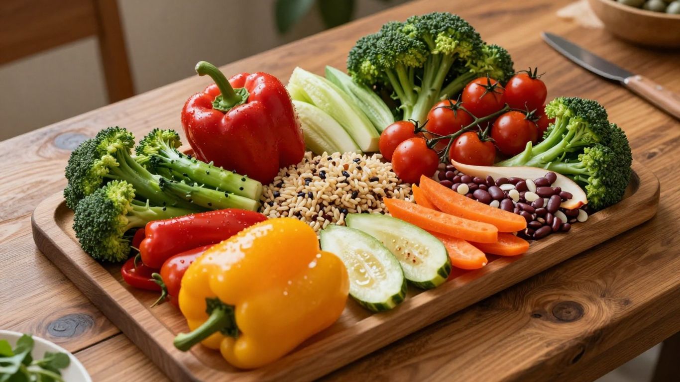 Colorful vegetarian meal spread on a wooden table.