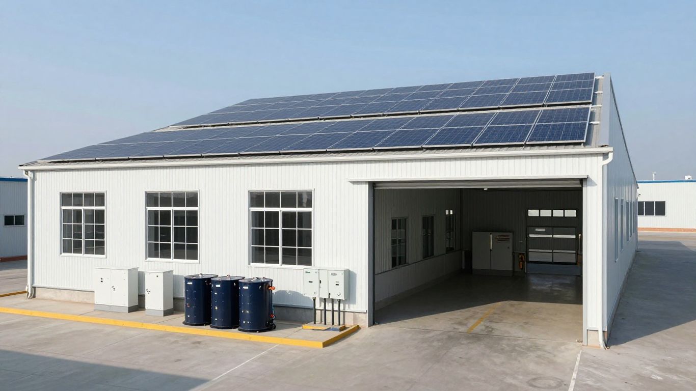 Solar panels and battery containers beside warehouse