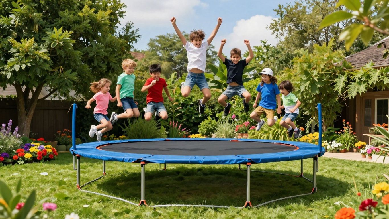 Children jumping high on a large backyard trampoline.