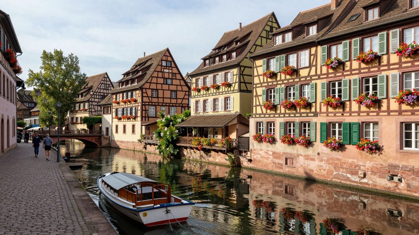 Colorful houses along a canal in Strasbourg's Petite France.