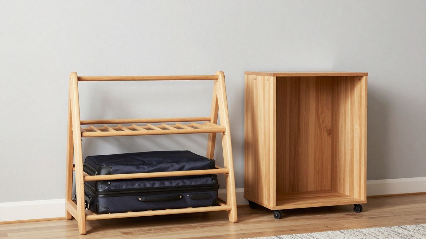 Luggage racks in a guest room setting.
