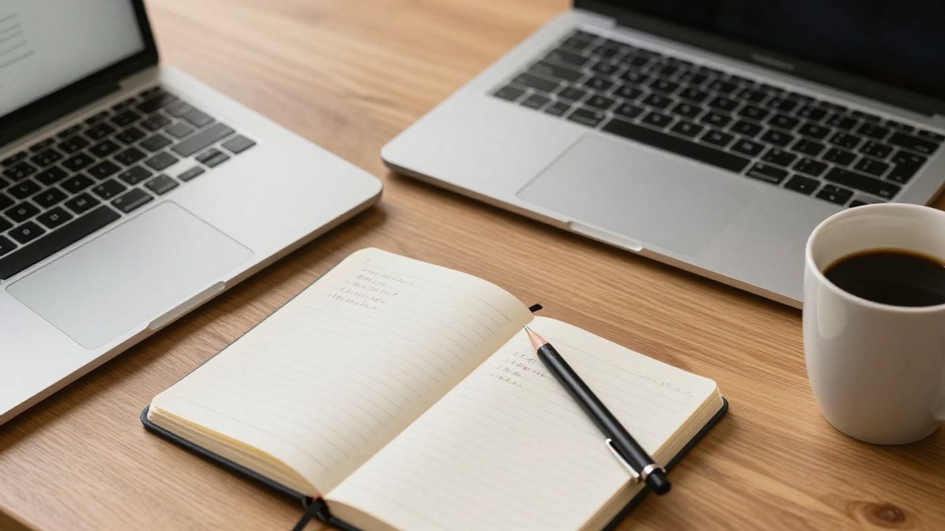 A clean conceptual workspace with digital creative tools