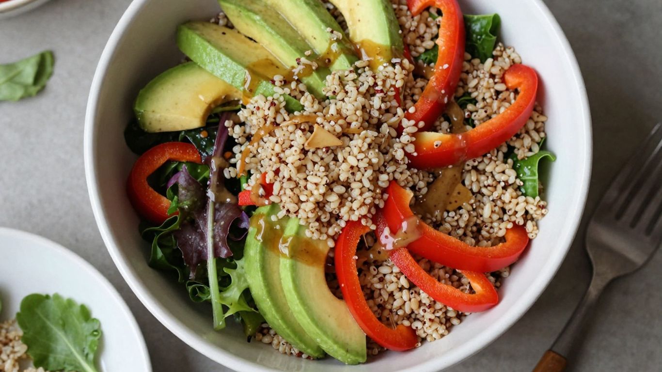 Kaniwa grain bowl with colorful vegetables and dressing.