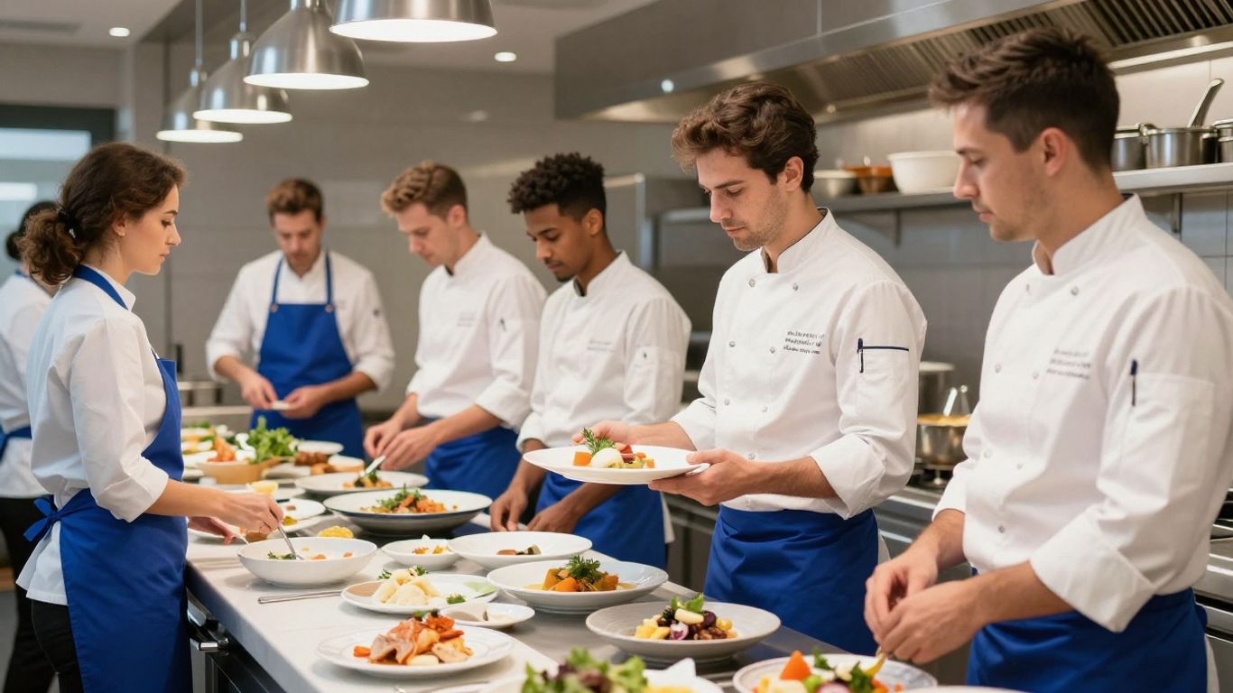 Köche und Kellner in einem Restaurant mit blauen Akzenten.