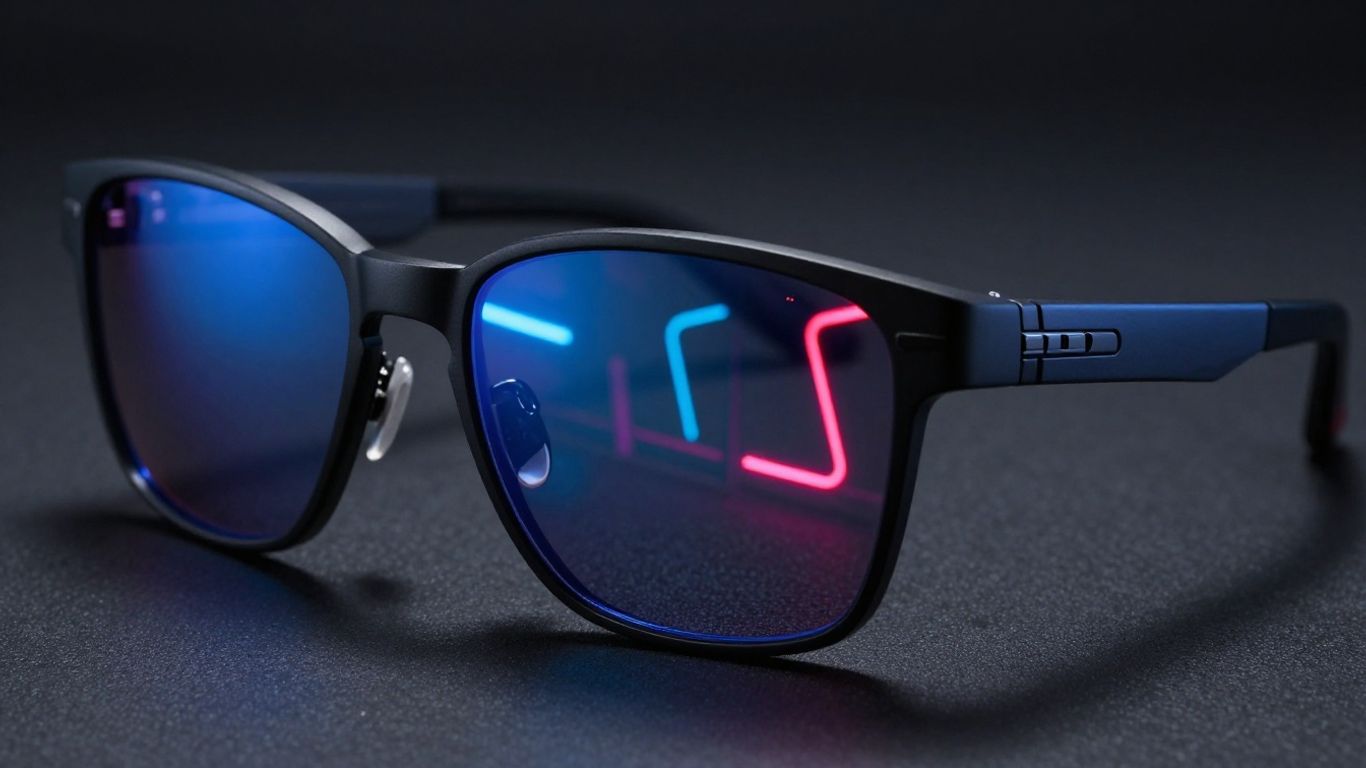 Óculos gamer com reflexos de jogos na lente.
