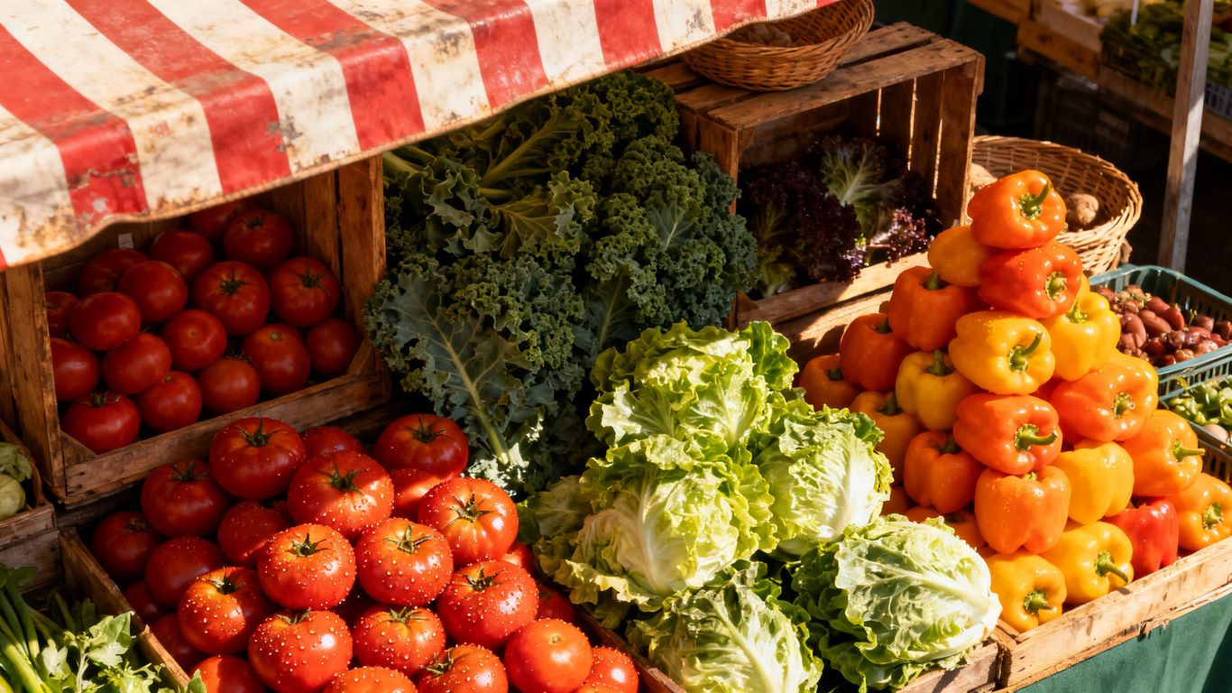 Fresh produce at a farmers market stall.