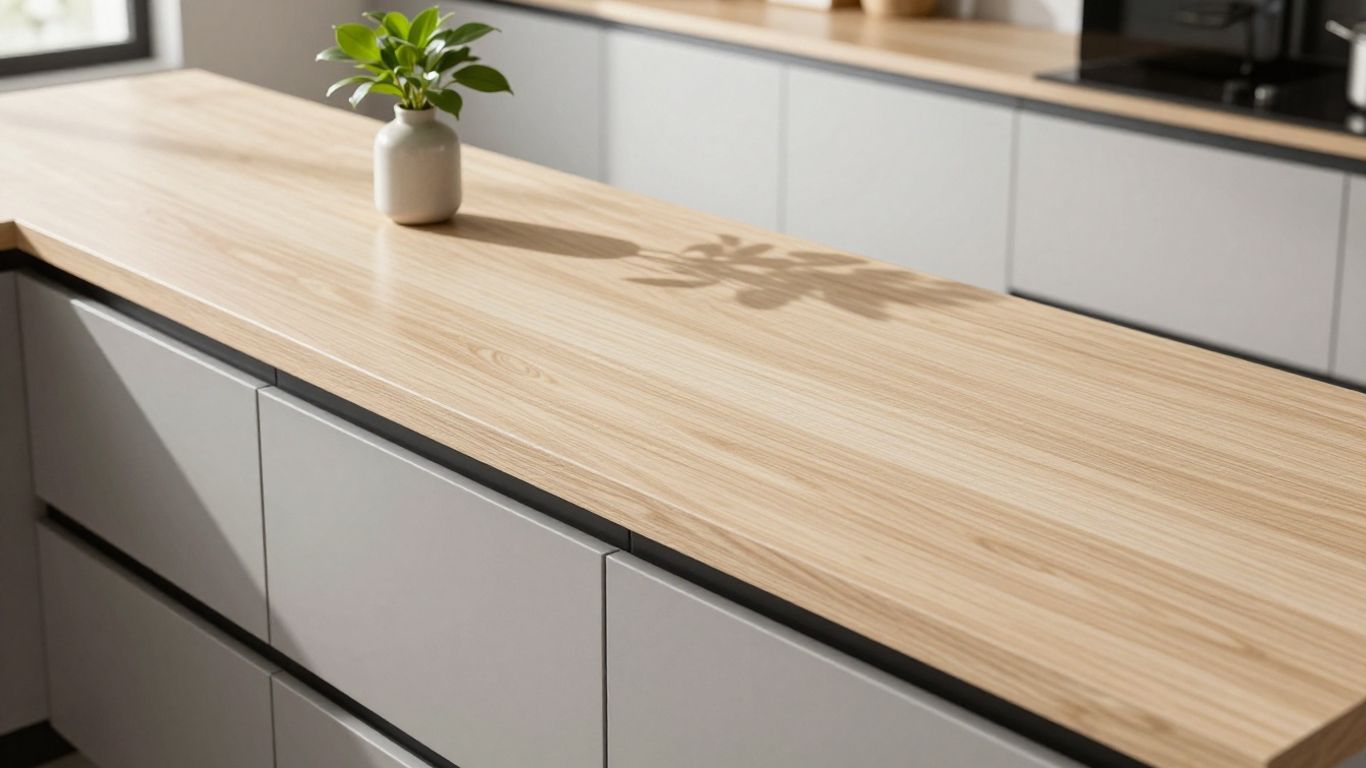 Affordable kitchen countertops with wood grain pattern.
