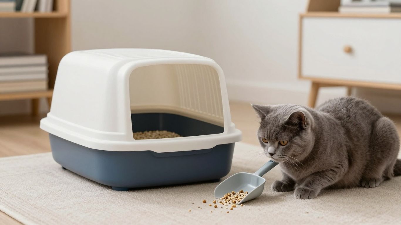 Freshly scooped litter box in a calm room