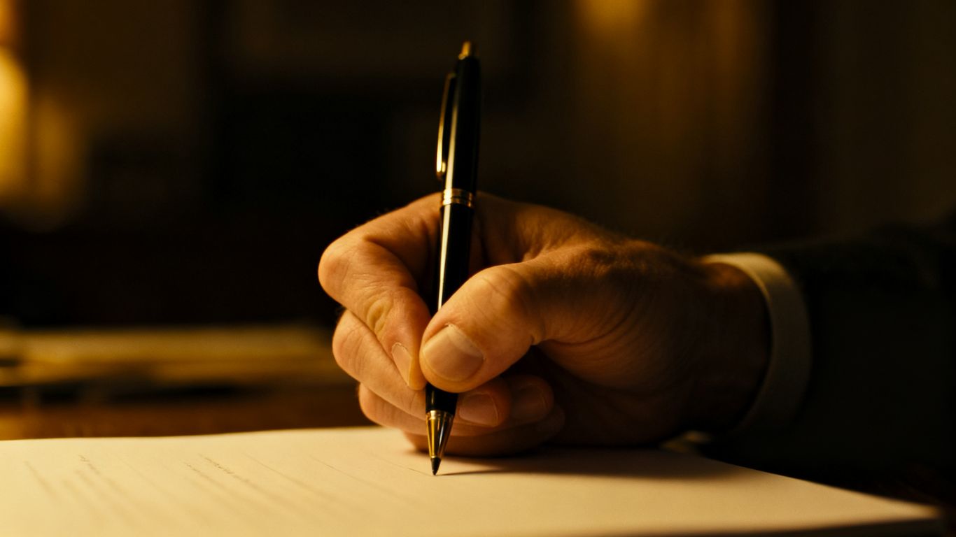 Hand gripping pen over blank page, intense focus.
