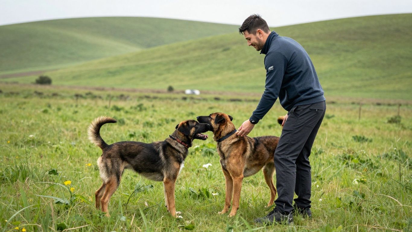 Dog training with handler in a natural outdoor setting.