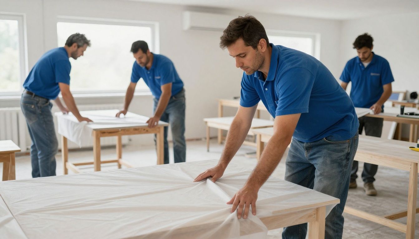 A Gents Plastering team member carefully protecting floors and furniture with dust sheets before starting work.