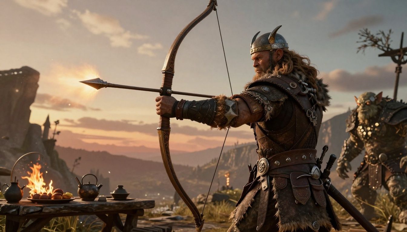 Viking preparando um disparo de arco em Valheim, com um troll ao longe e uma bancada de trabalho iluminada pela luz do entardecer