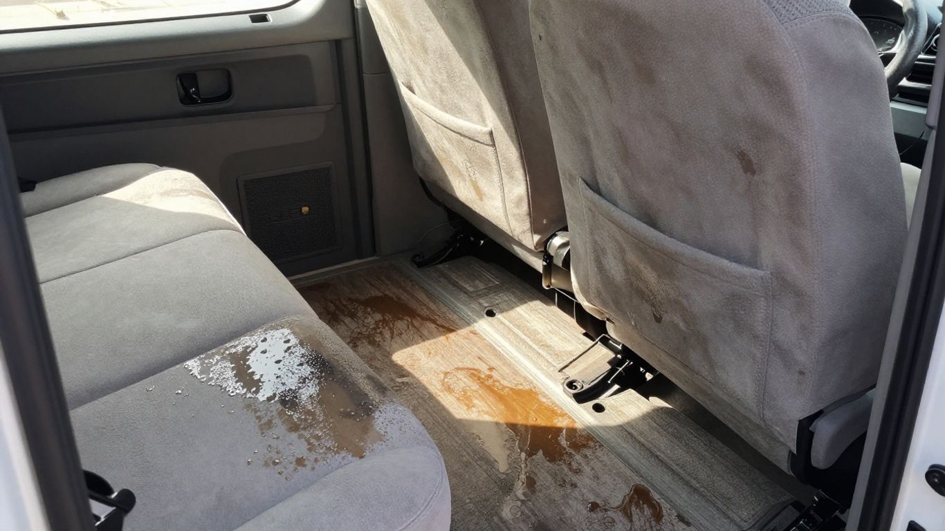 Camper interior with water damage.