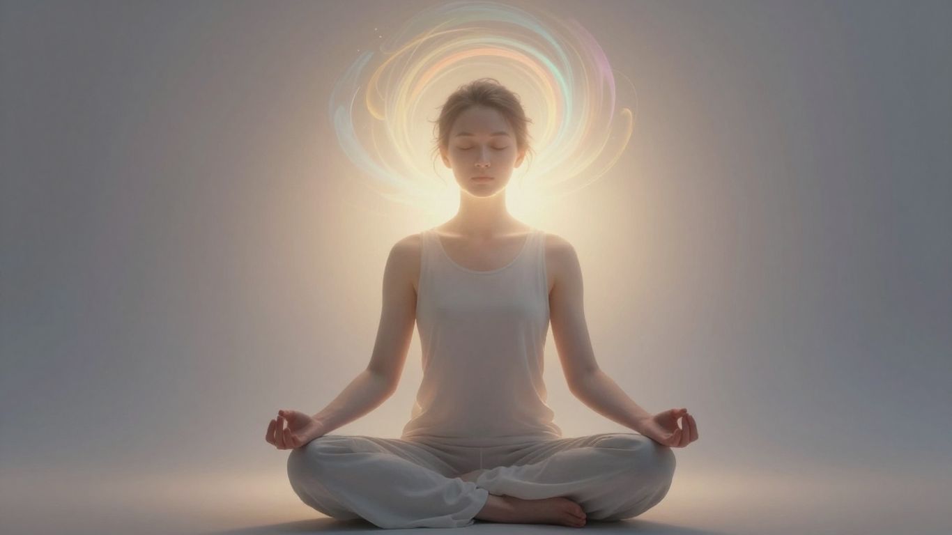 Person meditating with abstract thoughts visualized.