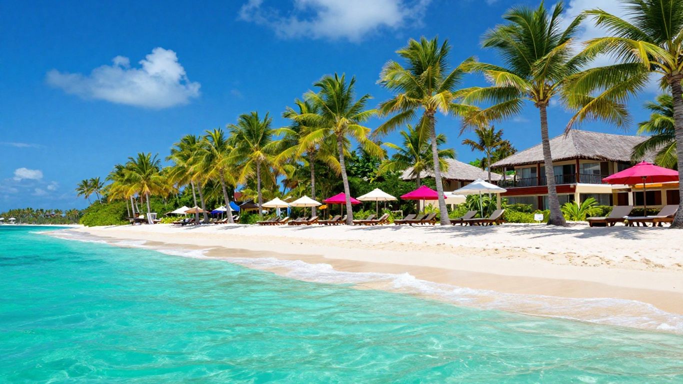 Tropical beach with palm trees and resort.