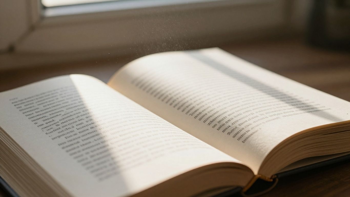Open novel with sunlight illuminating the pages.