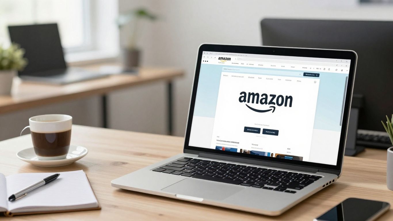 Laptop on desk showing Amazon homepage workspace scene