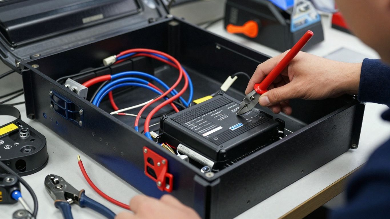 Technician inspecting ECU wiring at performance workshop