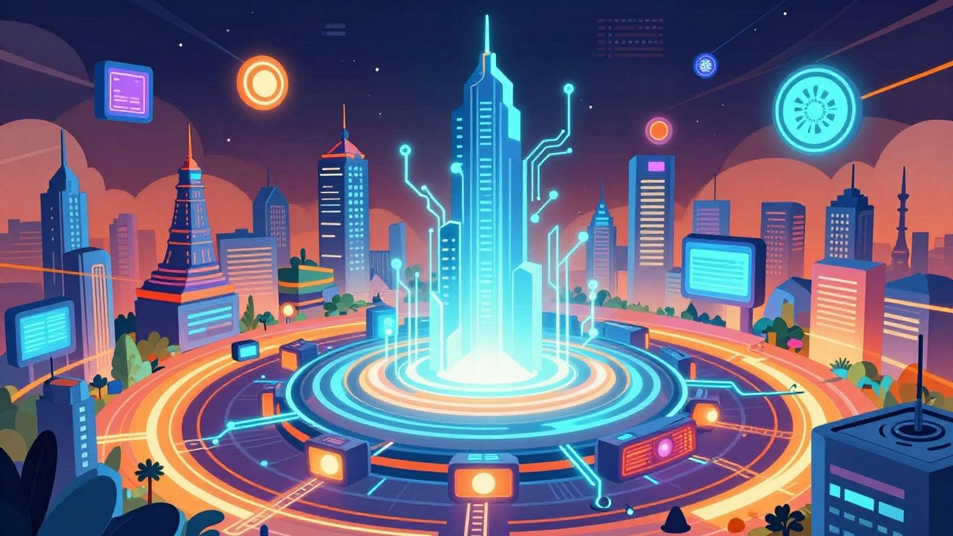 India's digital future with glowing circuits and futuristic cityscapes.