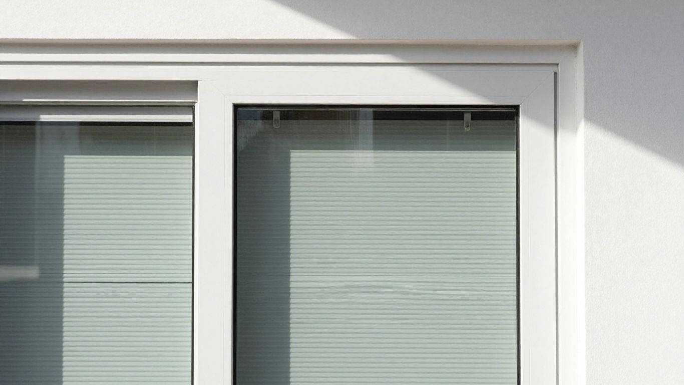 Modern sliding glass door with minimalist blinds.