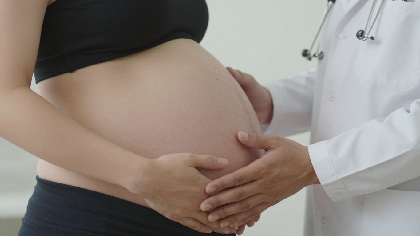 Barriga de embarazada de 36 semanas con manos de doctor.