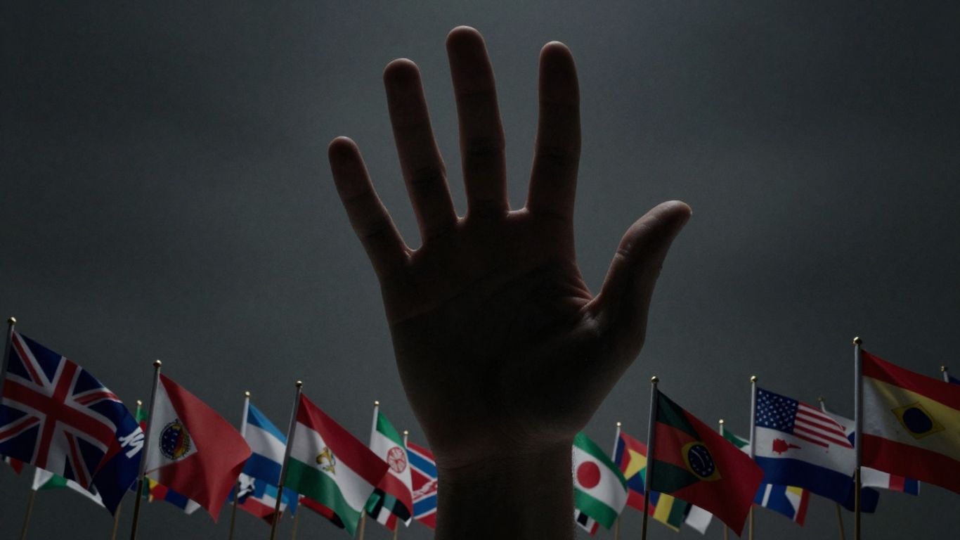 Shadowy hand over diverse national flags, illustrating influence.