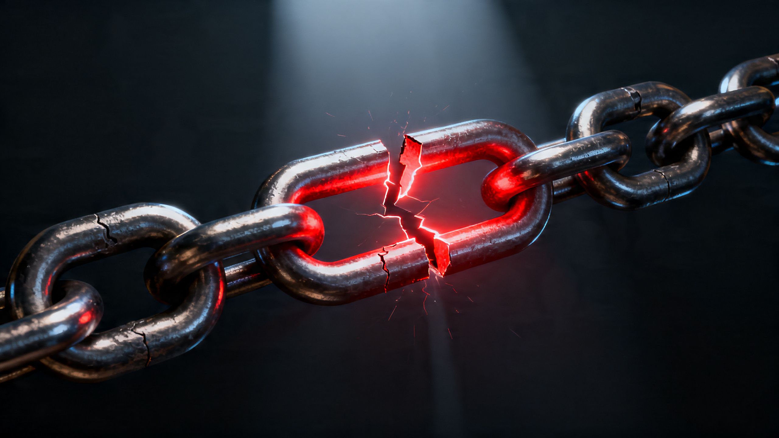 A complex chain with one glowing red weak link about to snap, representing a critical bug found by formal verification for eCommerce.
