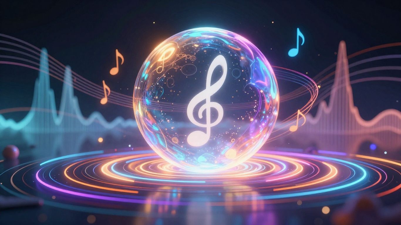 Abstract sound waves and musical notes.