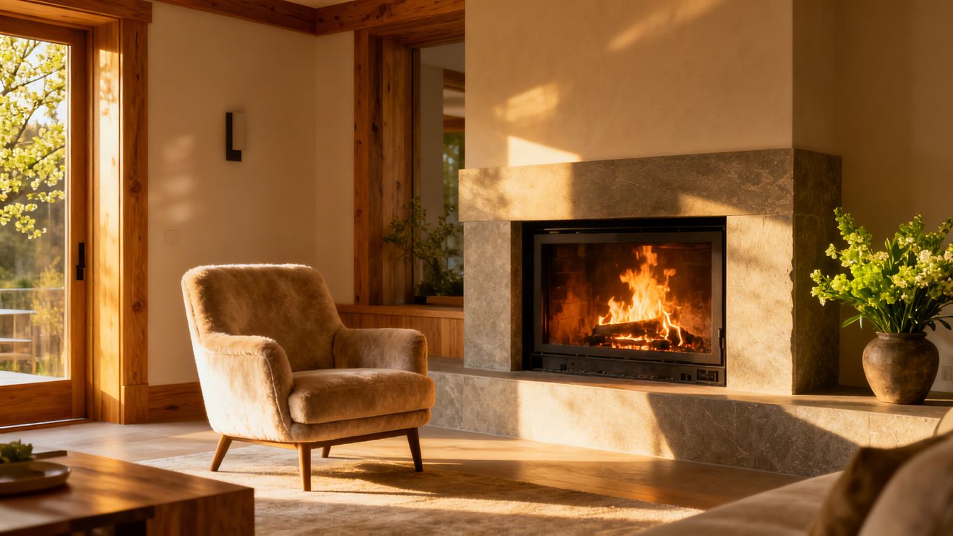 Modern fireplace with a crackling fire and armchair.