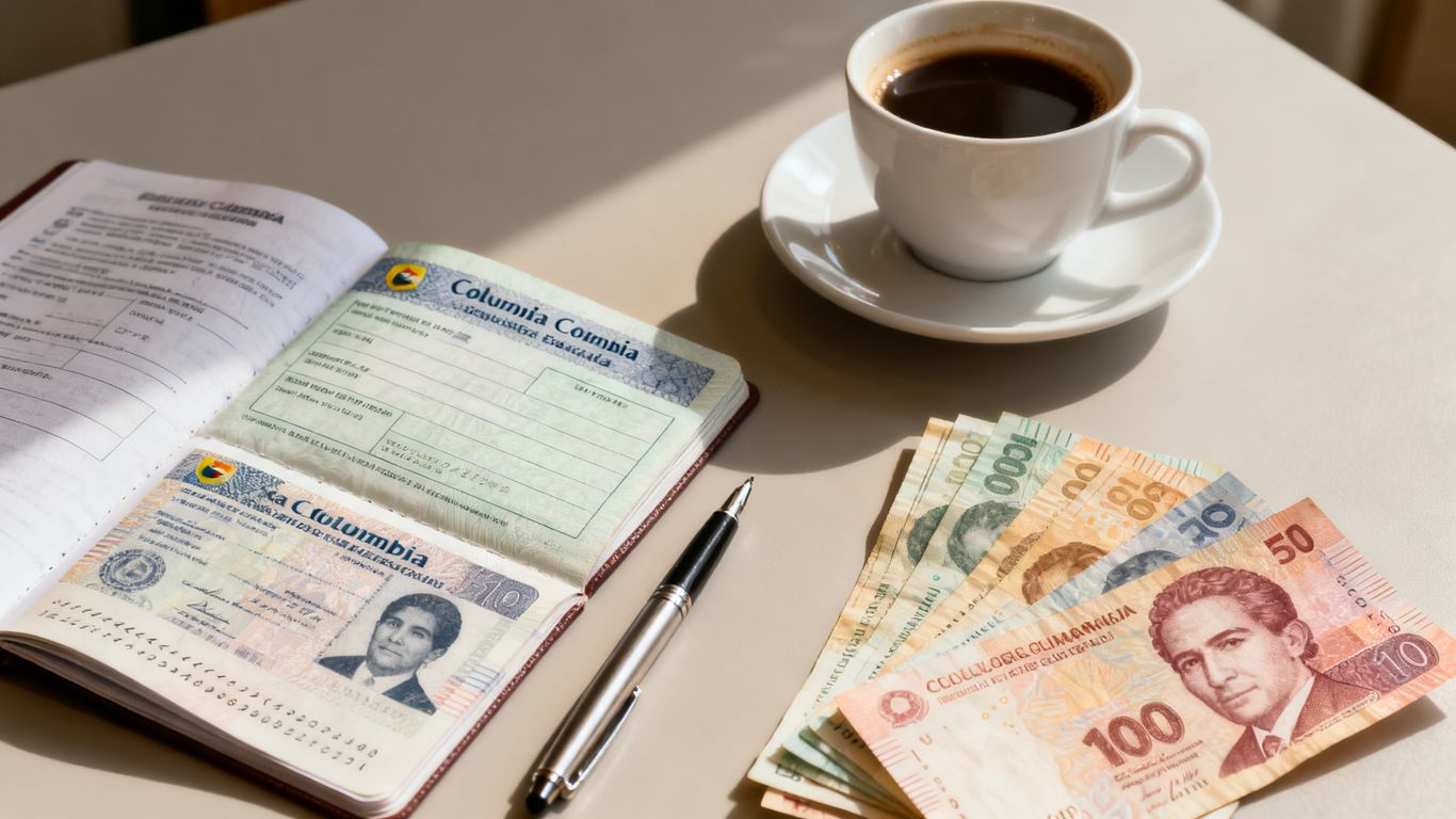 Passport documents beside Colombian currency