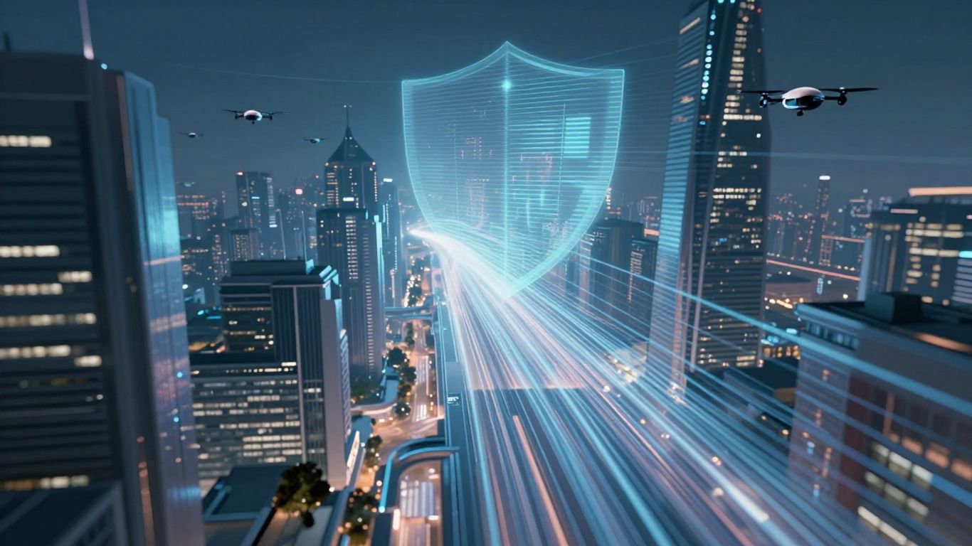 Futuristic cityscape with data streams and protective shield.
