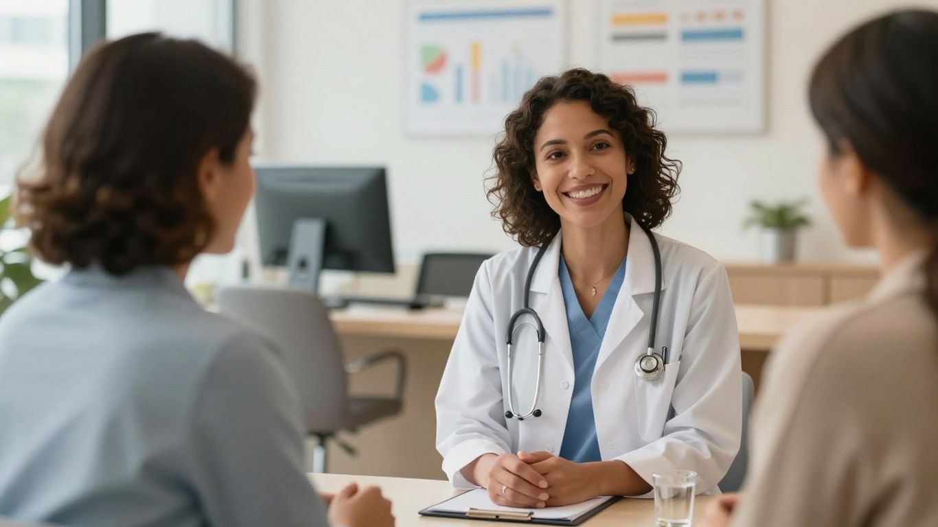 Patient speaking with healthcare professional in bright clinic