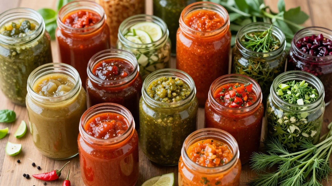 Colorful homemade sauces and condiments in glass jars with fresh ingredients.