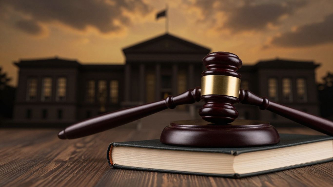 Gavel on legal books with courthouse silhouette.