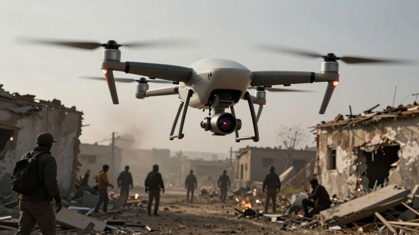 Drone surveying a conflict zone with civilians below.