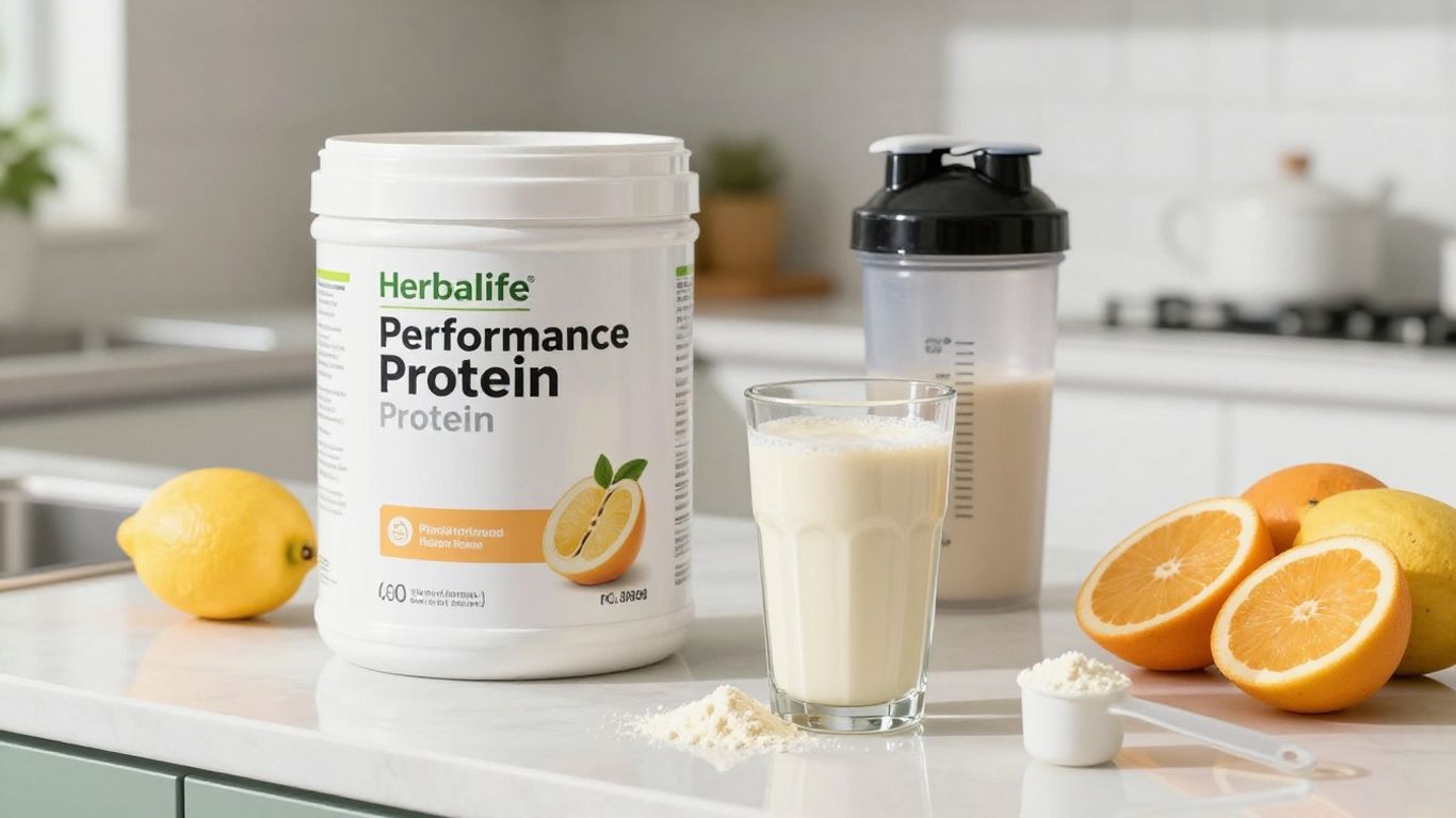 Protein powder, shaker, fruit, and shake on kitchen counter